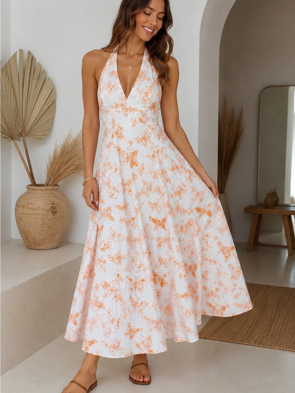 Together Butterfly Print Halter Maxi Dress White Orange Boho Cottagecore